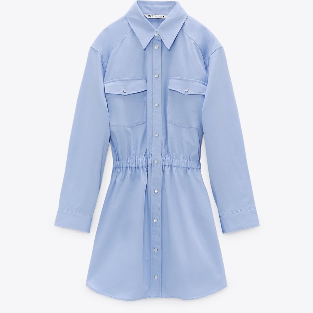 ZARA BLOGGER FAVE Light Blue Linen Blend Snap Long Sleeve Shirtdress Shirt Dress - Picture 5 of 15
